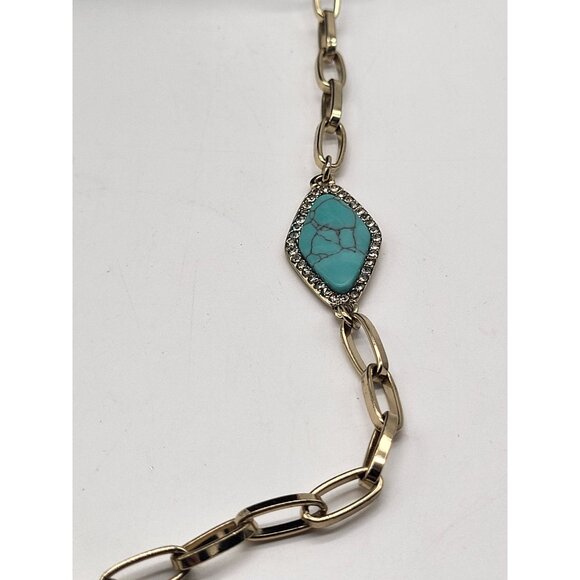 LAUREN RALPH LAUREN Long Gold Tone Faux Turquoise & Crystal Chain Necklace - Picture 3 of 9